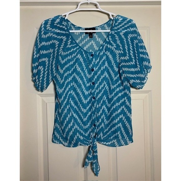 by & by Tops - By & By short sleeve blouse, teal with white pattern, size medium